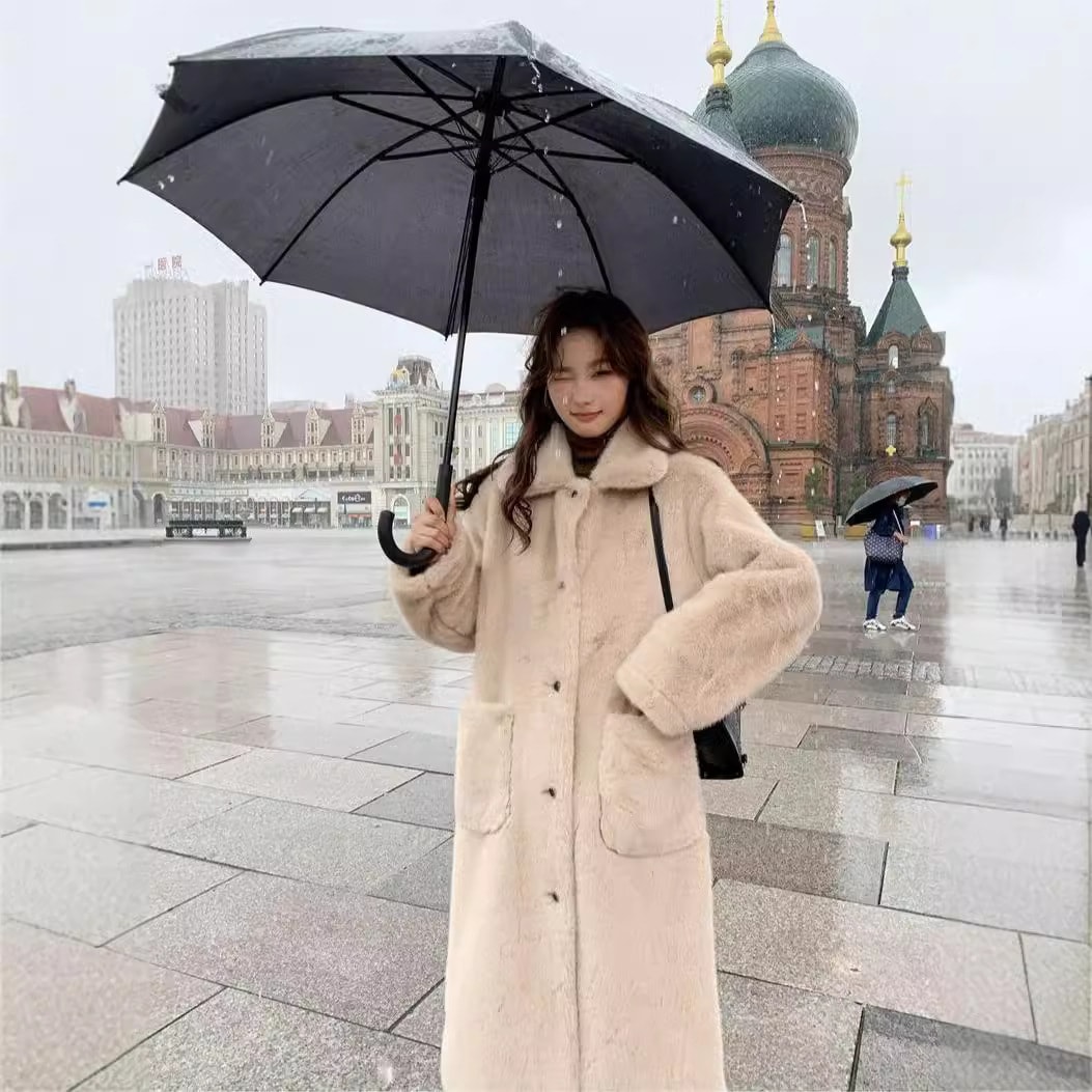 2024冬ラペルイミテーションミンクファーオールインワンコートミドル丈イミテーションファー毛皮スリムコートレディースロング