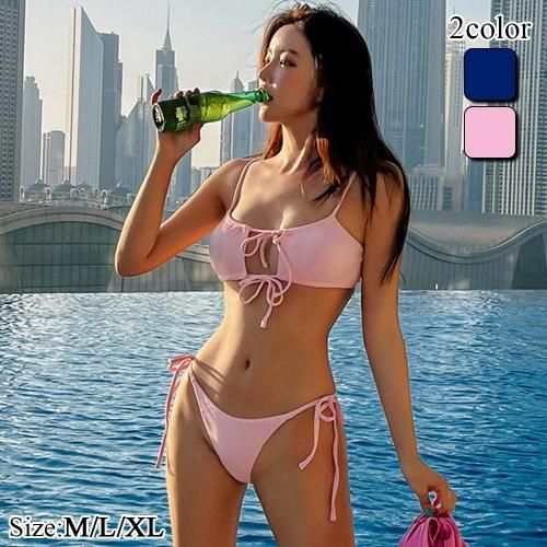 【グラシア】 水着 レディース ビーチウェア スイムウェア 流行 海 プール ビキニ カット メリハリ リボン ビキニ 柔らか ブルー ライトピンク M L XL