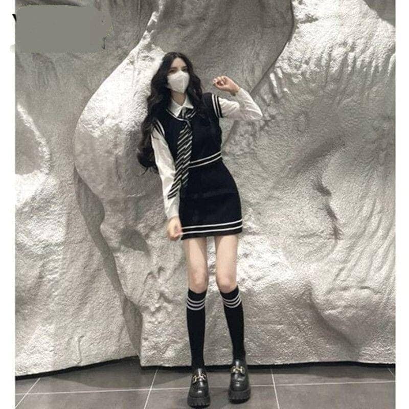 韓国 ファッション 涼しく楽ちんセットアップ 制服インナーシャツ＋ニットベスト＋ネクタイ＋ニットタイトスカート着痩せ4点セット