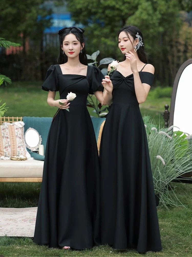 女性用ブラックスリムイブニングドレススリムロングバンケットパフォーマンス服コーラス大人ドレス