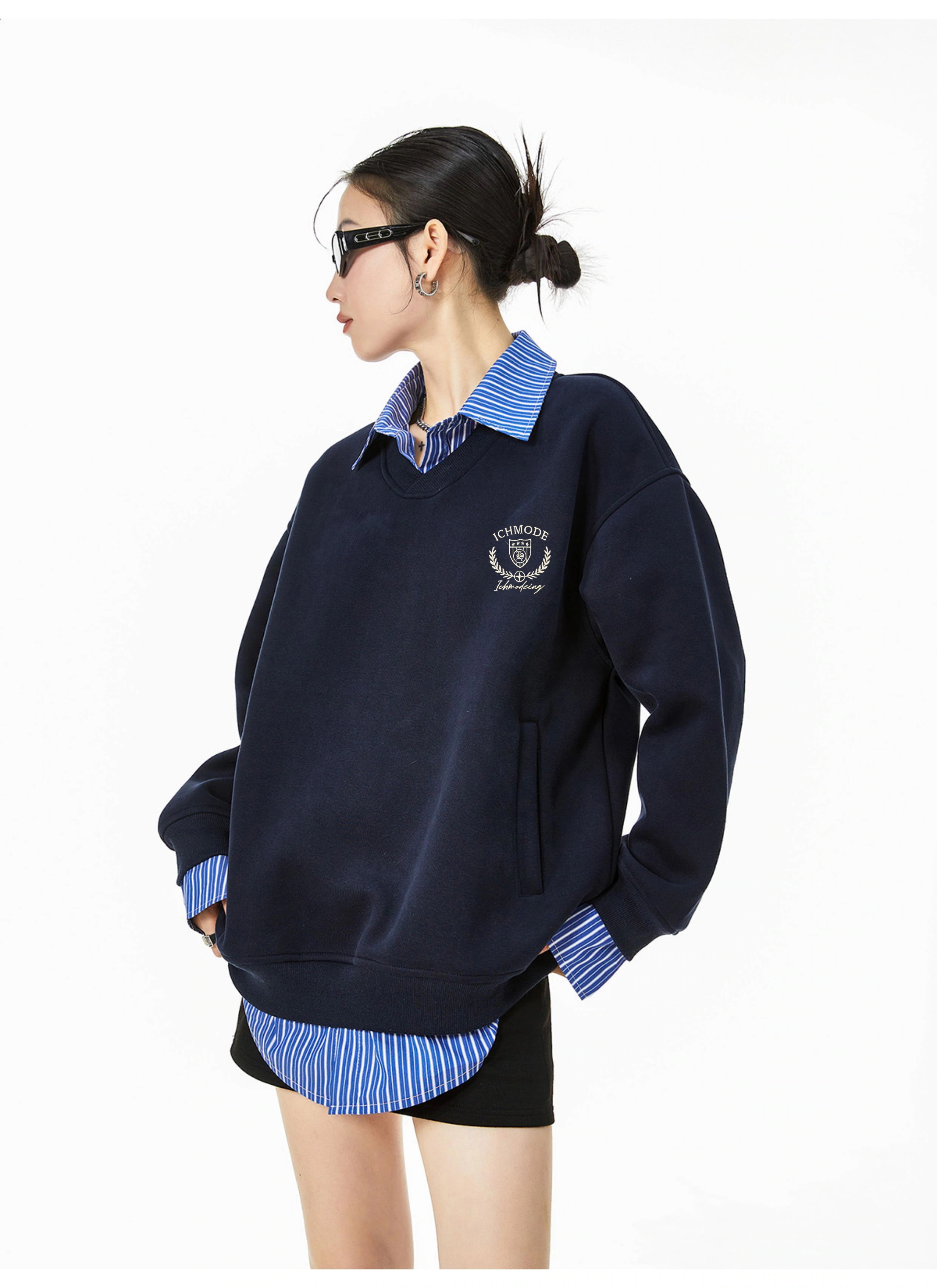 25 フェイクツーピース アメリカンカレッジ トップス 長袖Tシャツかわいい レディース韓国風 ルーズゆったりカジュアルおしゃれサイズ袖シルエットファッション系シャツフットスポーツT
