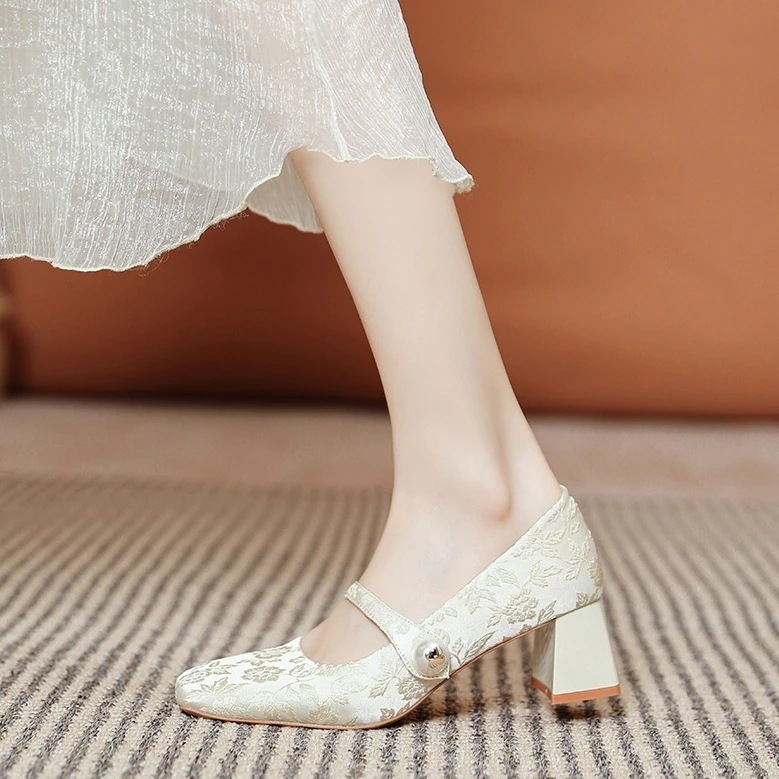 2025春新作ジャカードパール中ヒール太ヒールメアリージェーンシングルシューズ女 ローヒール 【人気商品】パンプス 靴レディースパンプス