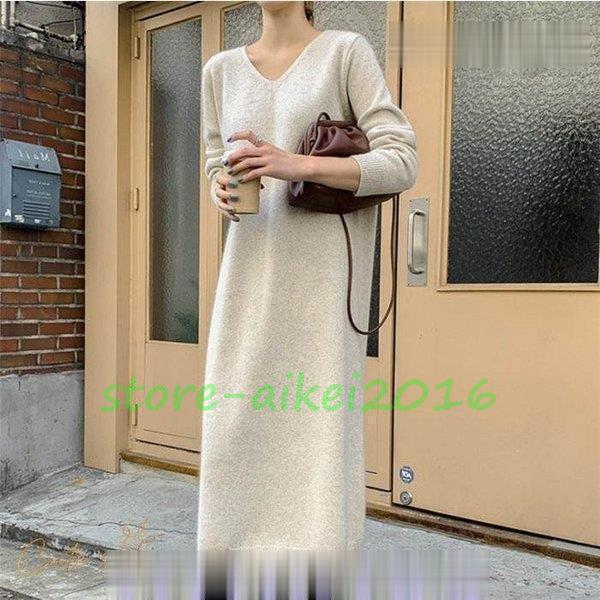 ロングワンピース ニットワンピース 秋 冬 レデース ワンピース 長袖 ロング丈 黒 無地 体型カバー ゆったり Vネック リブ ニット 重ね着 通勤 30代 40代 50代