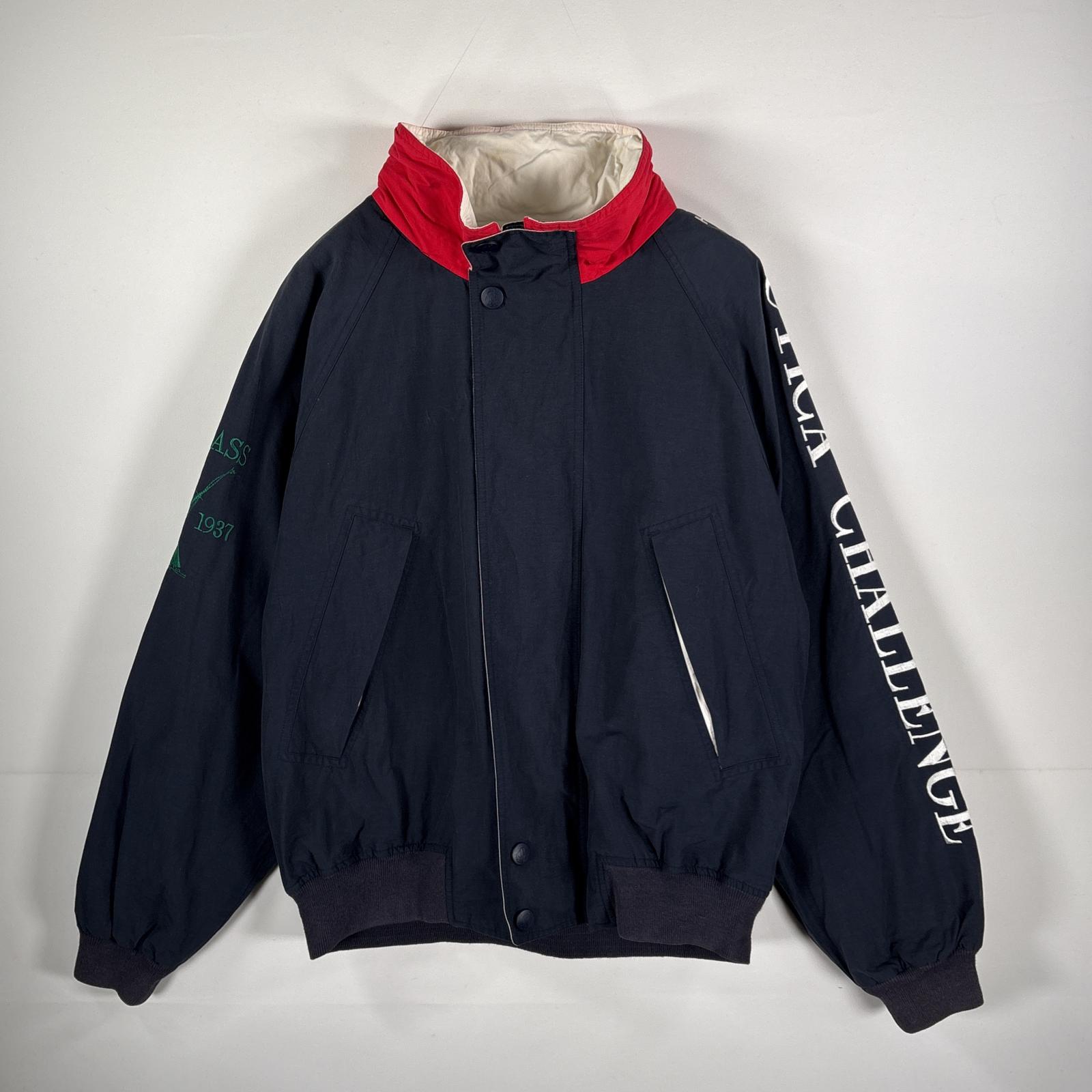 古着 90s/90年代 セーリングジャケット スリーブ刺繍ロゴ 収納付きフード L ネイビー メンズ