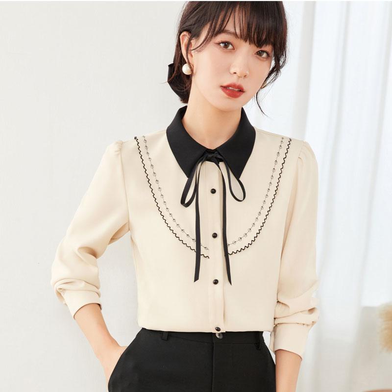 レディース トップス ブラウス 冬 女性 韓国 カジュアル リボン シフォン シャツ 長袖 プルオーバー ポロ襟 通勤 オフィス 厚手 軽量 柔らかい 暖かい ストレート 蝶結び