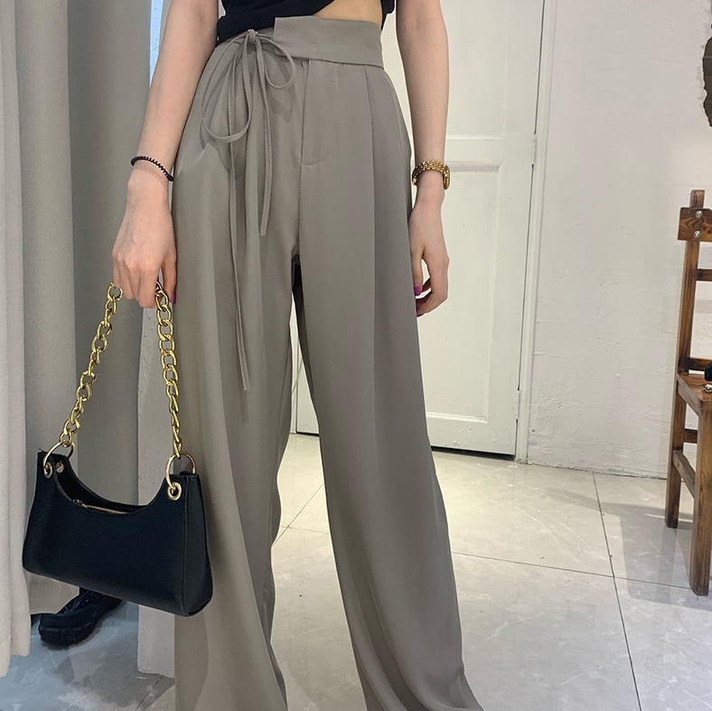 ボトムス パンツ ワイドパンツ ワイド ベルト ウエストマーク ウエストリボン ハイウエスト 薄手 大人女子 こなれ感 モード系 エレガント 個性的 グレー　ブラック XS S M L XL