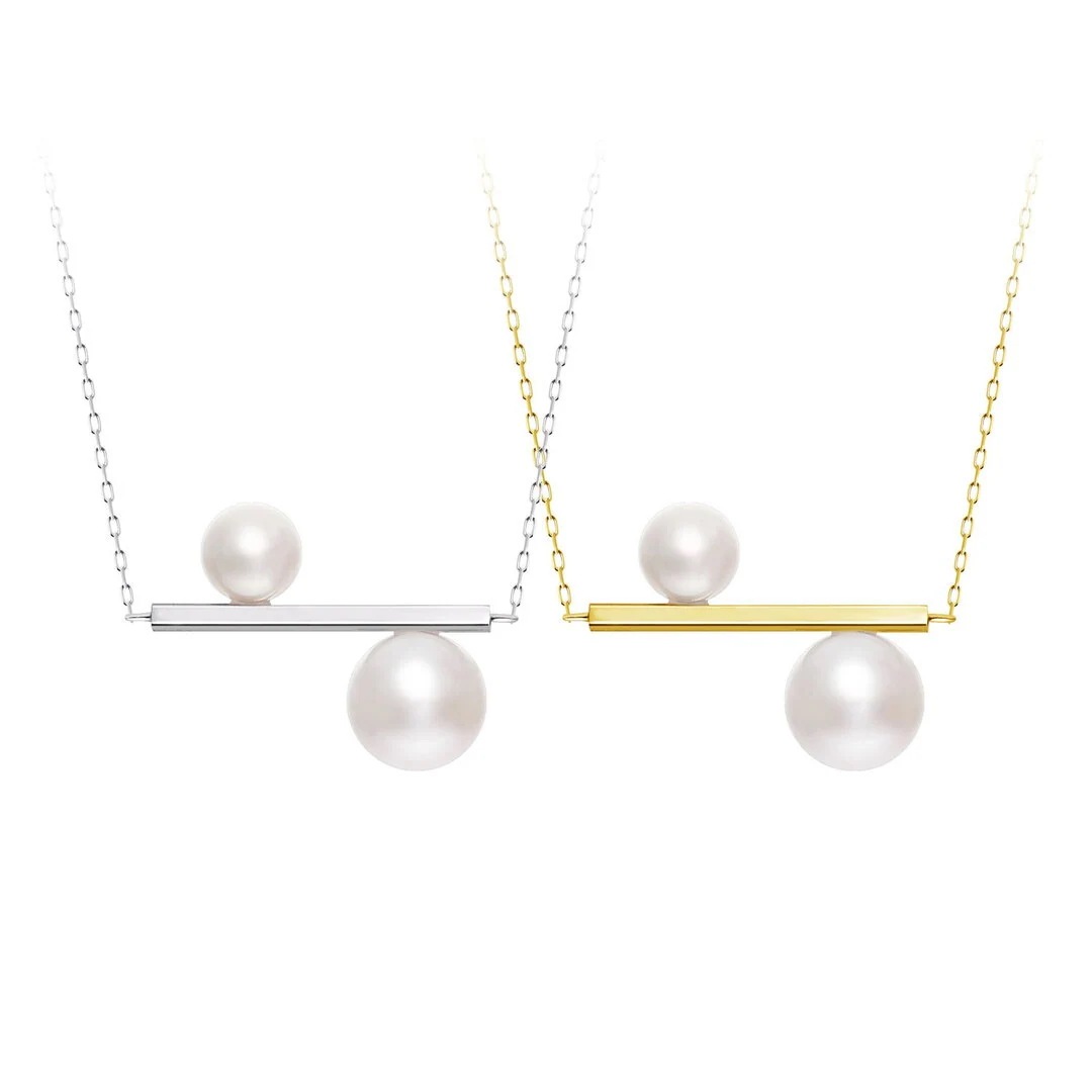 ネックレス レディース あこや真珠 パール 5.0～6.0mm 2珠 PT900 K18 バー デザイン