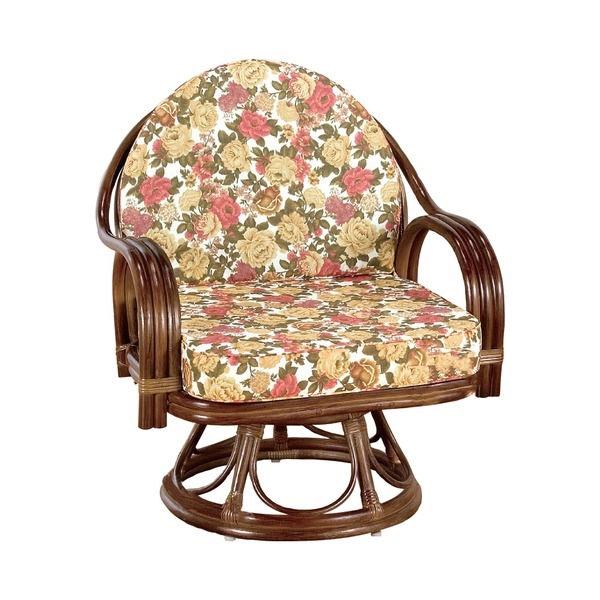 座椅子/天然籐360度回転チェア 高さが選べるゆったり (ハイタイプ) 座面高/約42cm 木製 持ち手/肘掛け付き