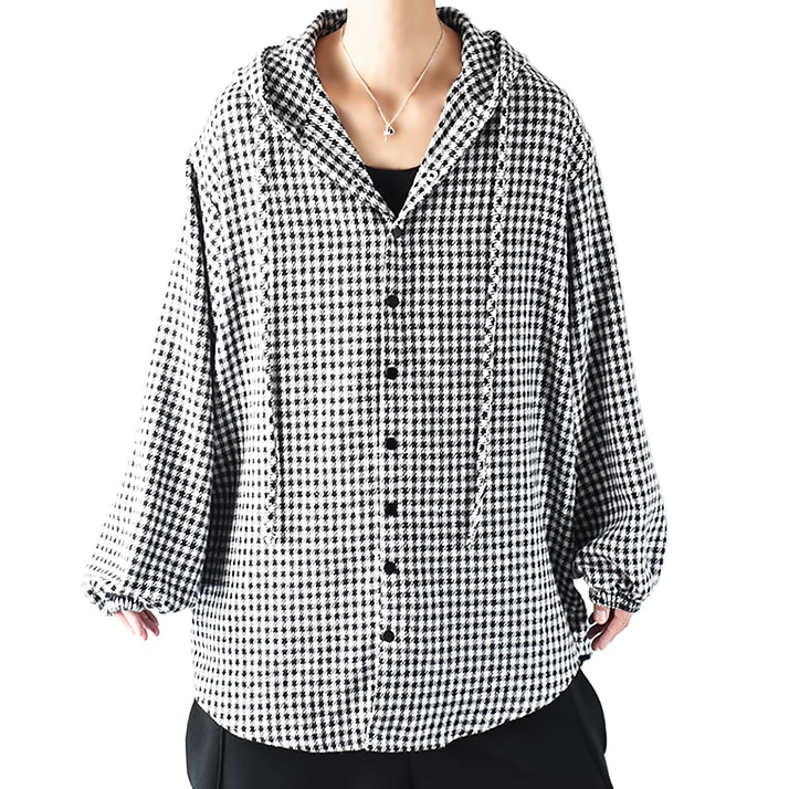 パーカー メンズ 大きいサイズ ロング丈 ゆったり オーバーサイズ ビッグシルエット ダボダボ チェックシャツ ロング 長袖 シャツパーカー ボタンパーカー 起毛仕立て だぼ ぽわん袖