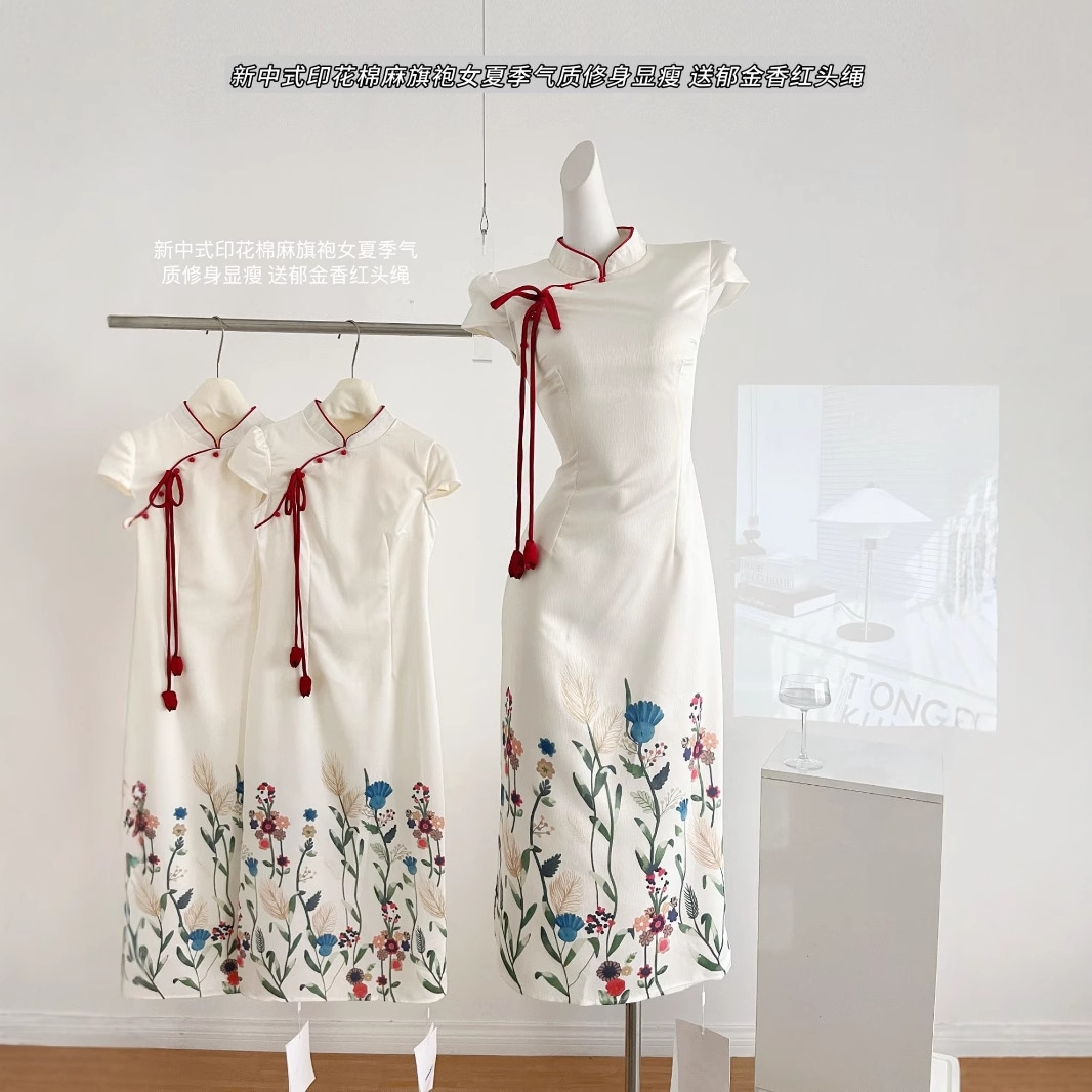 【急速出荷】新中式プリント綿麻チャイナドレス女性らしさ修身で痩せて見えるチューリップに赤いひもを贈る