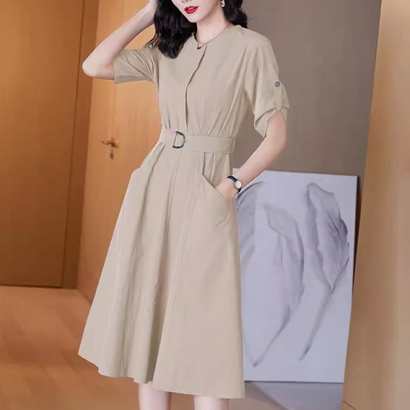 レディース ワンピース ロングスカート ミモレ 半袖 ラウンドネック 襟なし Aライン ベルト ウエストマーク ポケット ハイウエスト 薄手 ベルト付き かわいい 大人可愛い きれいめ シンプル