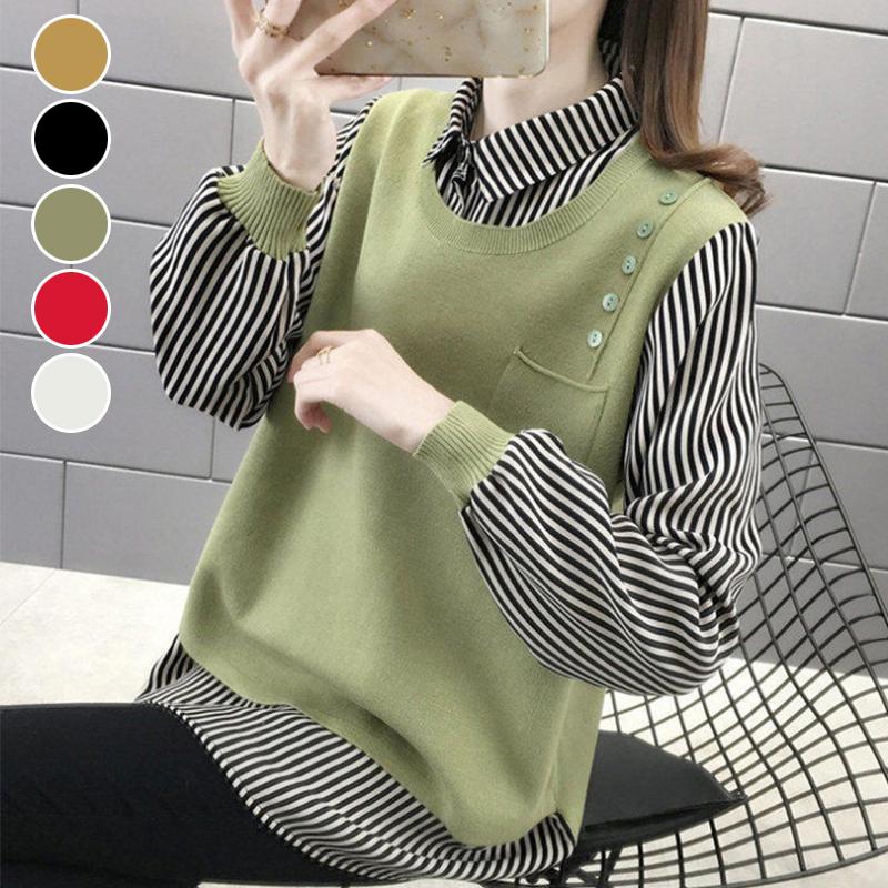 気質 ドッキング ニットベスト ブラウス ストライプ レディース レイヤードニットソー ブラウス 重ね着風 シャツ トップス カジュアル