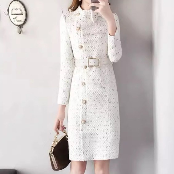 レディース ワンピース 膝丈 長袖 袖あり 襟なし スタンドカラー Iライン フェミニン ベルト スリット サイドスリット ハイウエスト 前開き コンサバ ボタン ポリエステル かわいい 大人可愛い