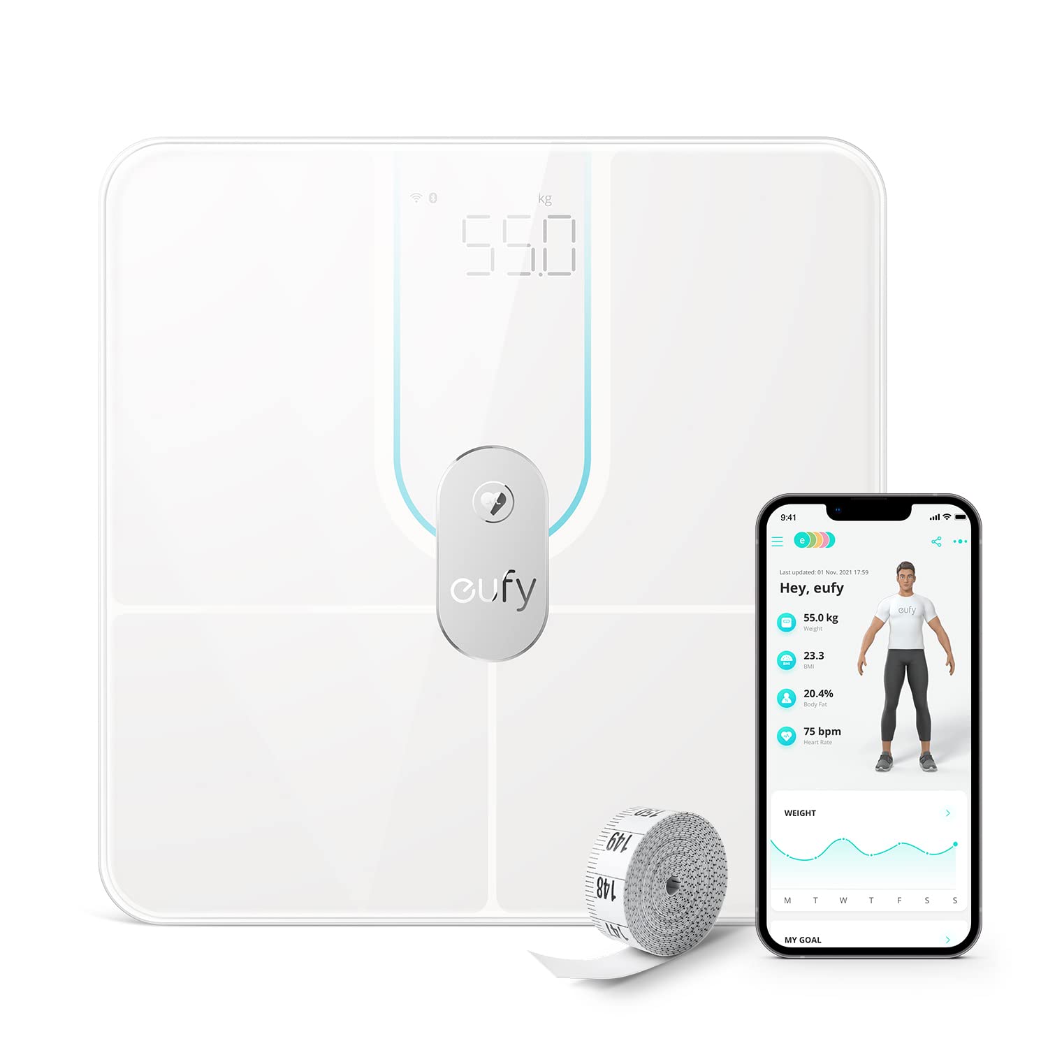 Smart Scale P2 Pro（体重体組成計）【アプリ対応/Fitbit連携/体脂肪率/BMI/心拍数/筋肉量/基礎代謝量/水分量/体脂肪量/骨量/内臓脂肪/タンパク質/骨格筋量】 ホワイト