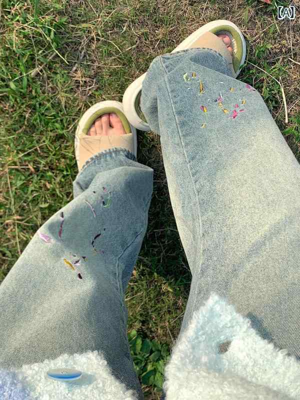 デニムパンツ レディース ジーンズ 夏 ストレート ハイウエスト スリム スプラッシュ インク 刺繍 ワイド ブルー