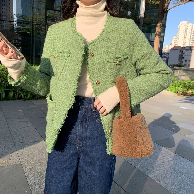 アウター ジャケット ショート丈 ラウンドネック 長袖 ボタン シングルブレスト ツイード