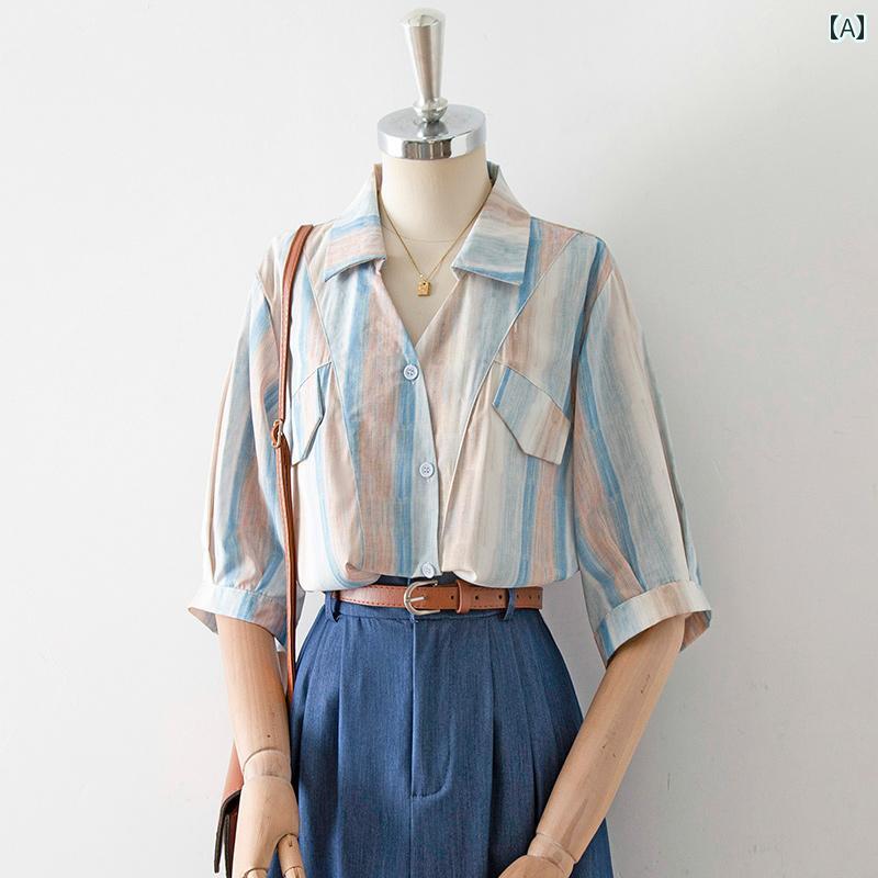 レディース シャツ ブラウス 半袖 五分袖 春夏秋 開襟シャツ襟 白に薄青ピンク 港風縦ストライプ柄 レトロ Vネック 斜め交差のシングルブレスト スマートカジュアル おしゃれ 大人かわいい シック