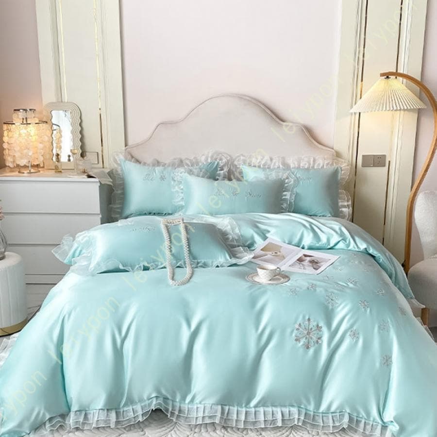 布団カバーセット 姫系 花刺繍 きれいめ ひんやり シングル 接触冷感 春夏 模造シルク 光沢 フリル付き 4点セット 布団カバー フラットシーツ 枕カバー