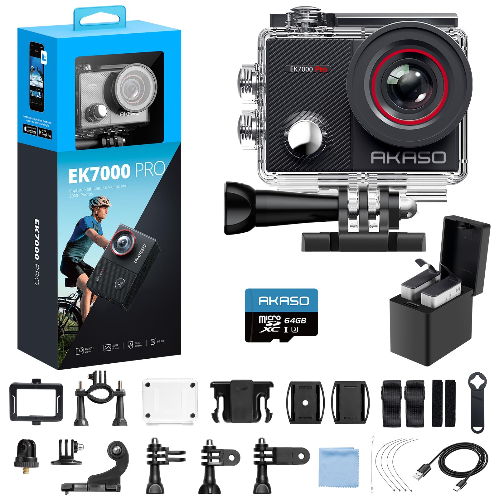 EK7000 Pro + 64GBメモリカード 4K アクションカメラ 2000万画素 タッチパネル式 Type-C外部マイク対応 手ブレ補正 WIFI搭載 広角レンズ 40m防水 水中カメラ HDM