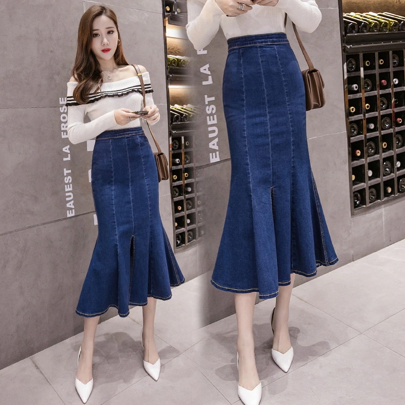 スカート ミディアム丈 ハイウエスト デニム ブルーデニム きれいめ シンプル カジュアル 大人 上品 おしゃれ お洒落 かっこいい レトロ 大人女子 こなれ感 ラフ ルーズ 個性的 クール モダン