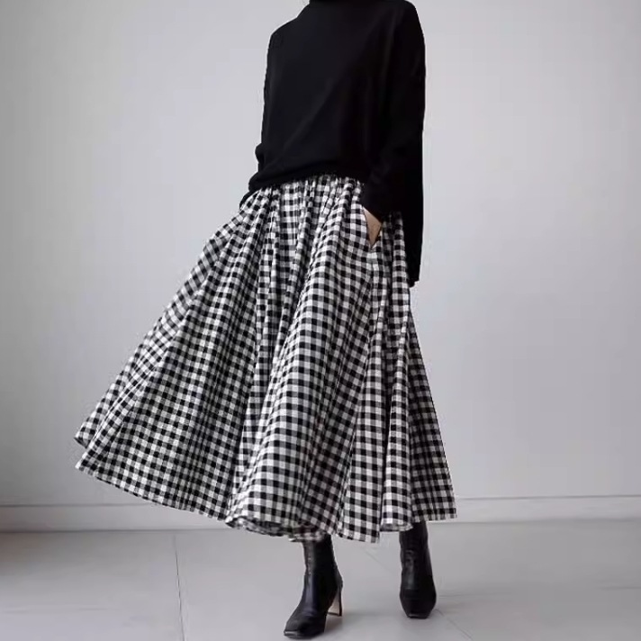 レディース スカート ボトムス フレア フレアスカート 膝下 ミモレ ロング フェミニン ウエストゴム ポケット バイカラー 配色 綿 コットン かわいい 大人可愛い きれいめ シンプル カジュアル