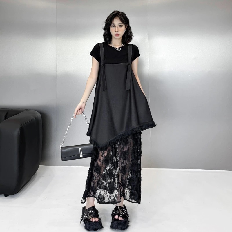 ロングスカート スカートデニムドッキング レースワンピース 調節キャミ付き ゆったり レディース ロングワンピース