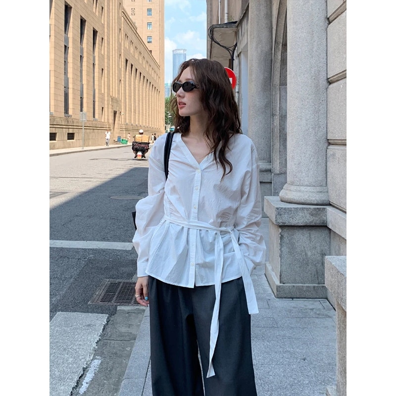 テンセルコットンプリーツ長袖シャツレディース秋物新作韓国風スリムシルエットブラウス