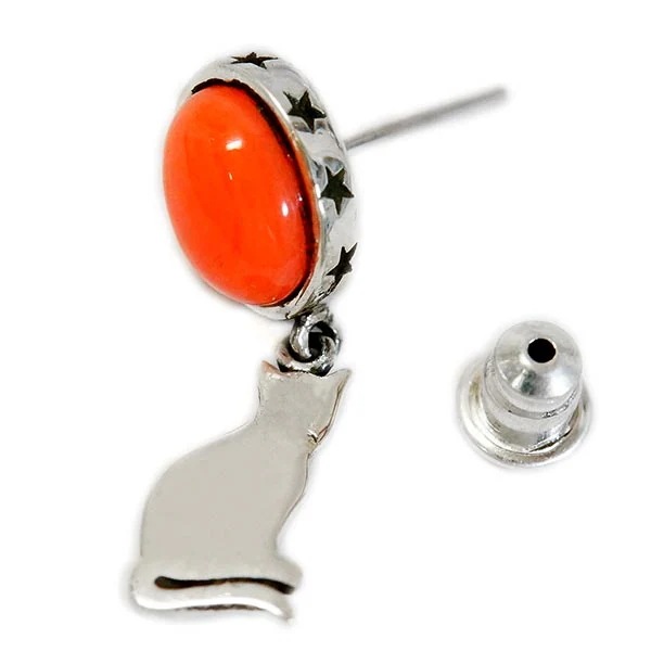 天然石 サンゴ 猫 キャット 星 スター シルバー925 ピアス