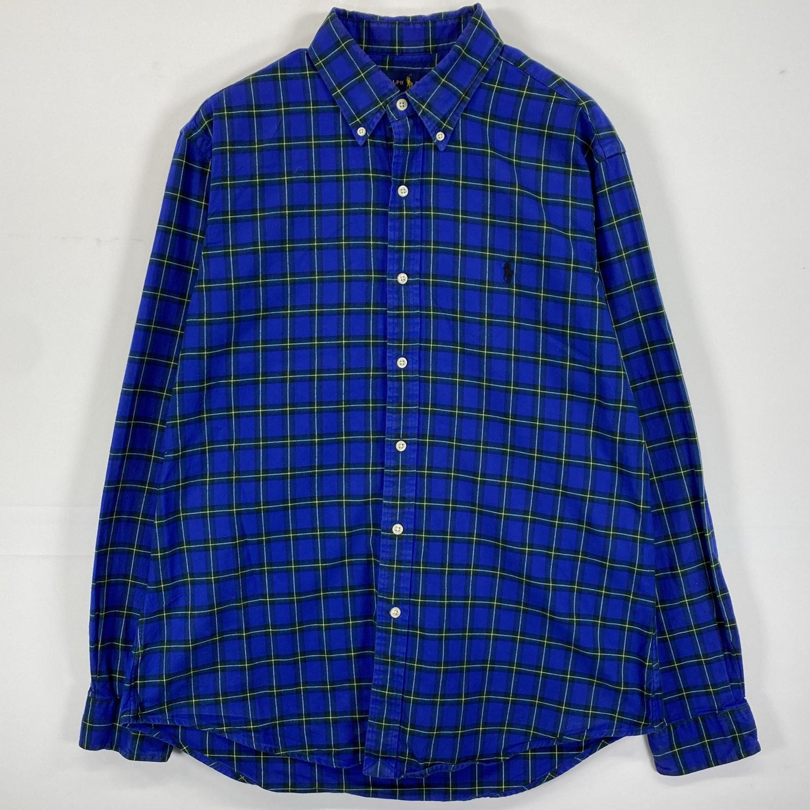 古着 長袖シャツ ボタンダウン ロゴ刺繍 ワンポイントロゴ L ブルー系 チェック メンズ