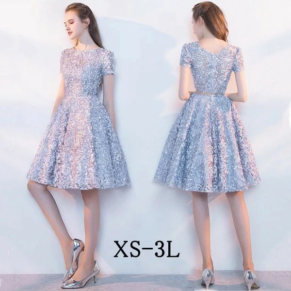 パーテイードレス 膝丈ワンピース ショートドレス 着痩せ 大きいサイズ 宴会 発表会 演奏会 二次会 半袖 膝丈 エレガント 花嫁 結婚式 二次会 披露宴 フォーマルドレス グレー XS S M L