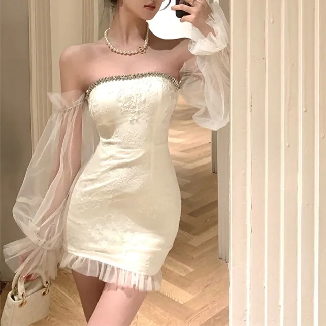 ワンピース ドレス レディース ミニ ショート ランタンスリーブ ワンショルダー ペプラム チュール フリル 透け感 シースルー かわいい 大人可愛い きれいめ シンプル 上品 レトロ こなれ感 ガー