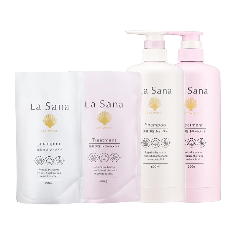 ラサーナ (La Sana) 海藻 海泥 シャンプー＆トリートメントセット 600ml / 600g ＆ 専用空ボトル (ローズヒップの甘ずっぱいさわやかな香り) ダメージケア
