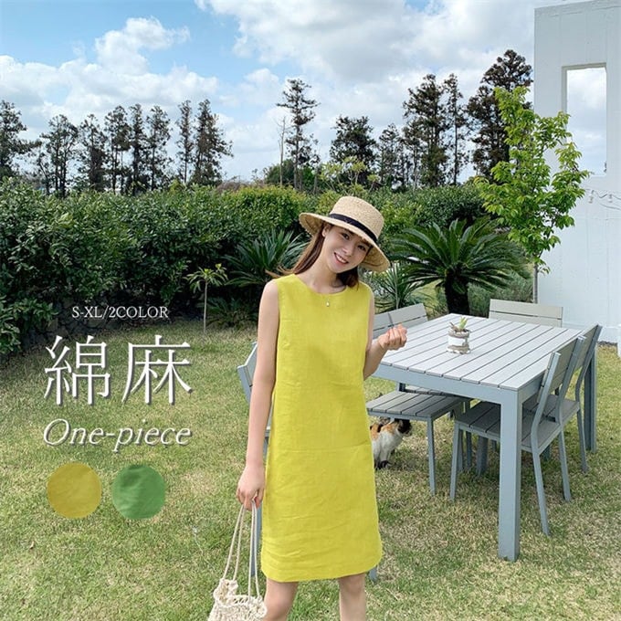 ワンピース 夏ワンピ シンプル レディース 綿麻 リンネルワンピース ミディアム丈 ノースリワンピ Aライン ゆったり
