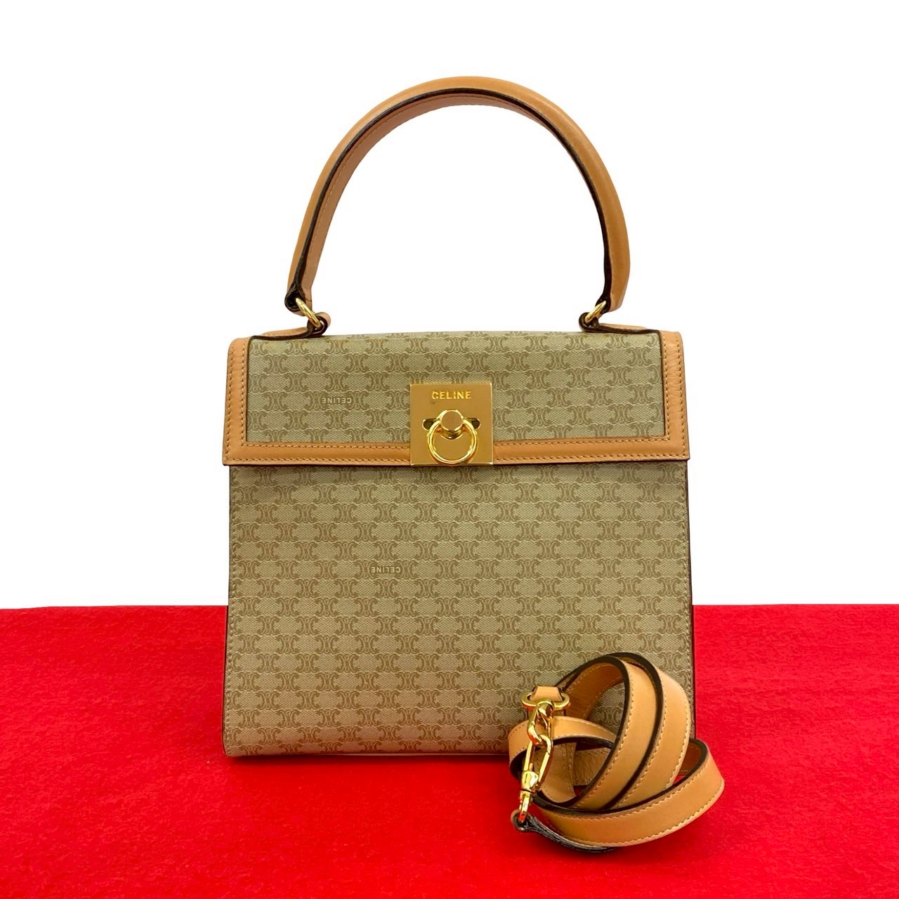 ヴィンテージ マカダム ブラゾン 柄 リング 金具ショルダーバッグ レザー PVC ベージュ 90805