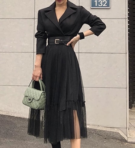 レディース ワンピース シャツワンピ ミモレ 長袖 襟付き スリム 細身 Aライン ベルト ウエストマーク 透け感 異国風 切り替えデザイン メッシュ 大人可愛い きれいめ シンプル カジュアル 上品