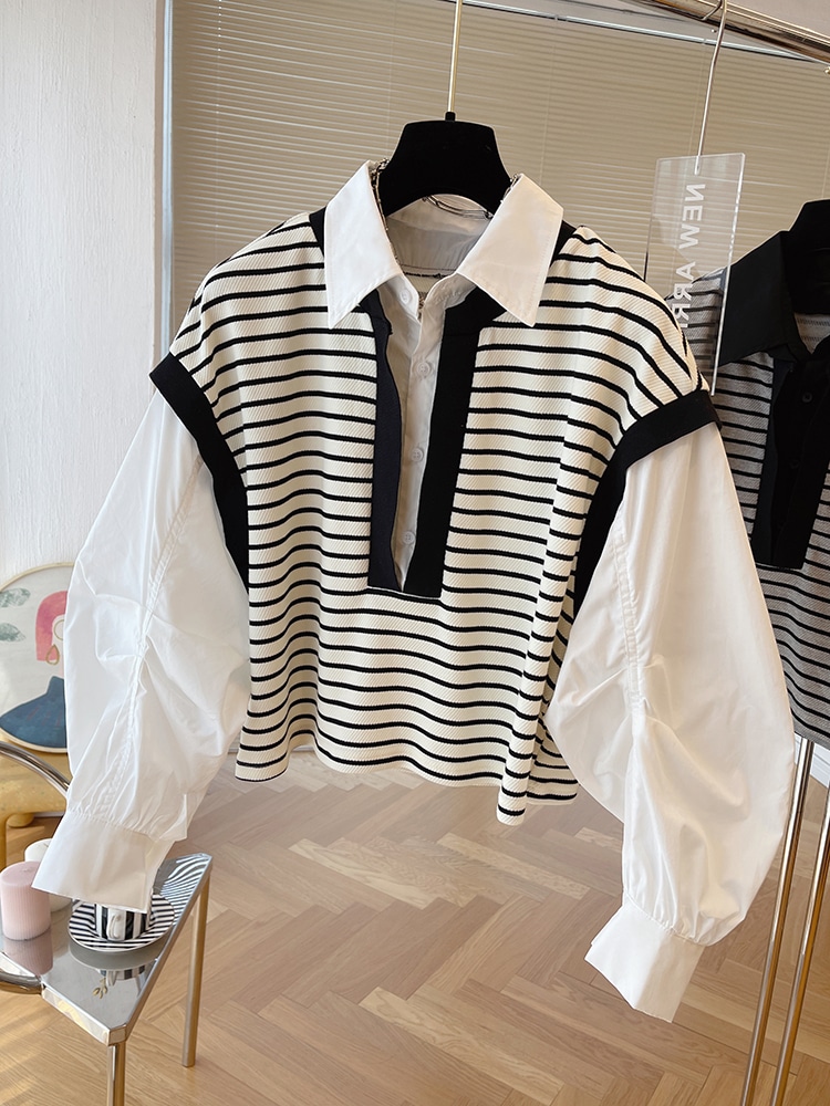 トップス 重ね着風 プルオーバー ショート丈 袖付き 長袖 ボリューム袖 襟付き 角襟 かわいい 大人可愛い きれいめ シンプル カジュアル 大人 上品 おしゃれ かっこいい 大人女子 こなれ感