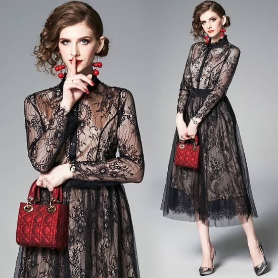 パーティードレス 結婚式 お呼ばれ ドレス ワンピース ミモレ丈 黒 レース 長袖 スタンドカラー フレア ブラックドレス 透け感 上品 大人可愛い おしゃれ 20代 30代 40代 大きいサイズ