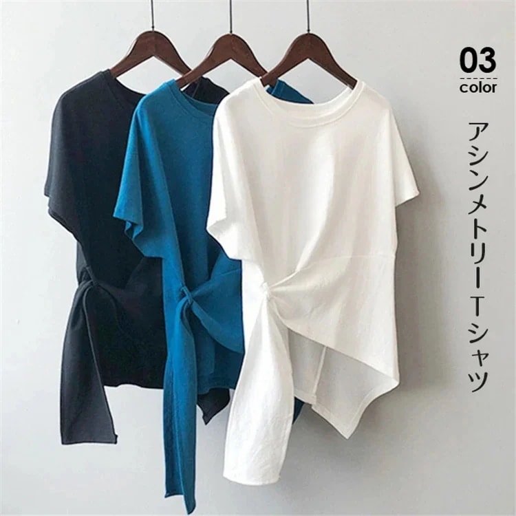 1つ買うと10個無料販売 Tシャツ アシンメトリー トップス レディース 半袖 カットソー 変形 袖 プルオーバー