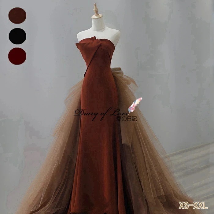 【即納】マーメイドドレス ウェディングドレス 二次会ドレス 結婚式/ウェディング カラードレス バックリボン付き 二次会/個性派 海外ウエディングOK ブラック/カラメル/ワインレッド 高級感 編
