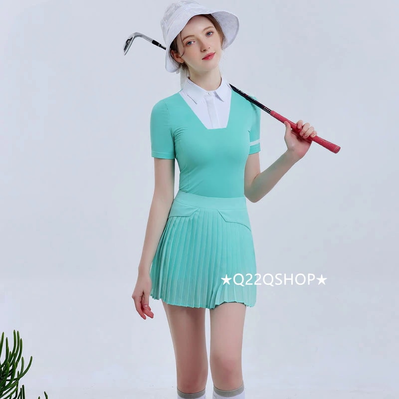 ゴルフウェア レディース スポーツウェア ゴルフスカート Tシャツ 半袖 スカート 上下セット 大きいサイズ グリーン 春夏 秋冬 速乾 韓国風 INS おしゃれ