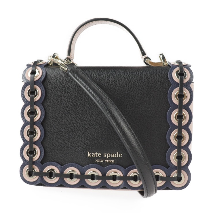 超美品 Kate Spade ケイトスペード ハンドバッグ WKRU5899 メイジー パターソン ドライブグロメット レザー ブラック ピンクベージュ系 ゴールド金具 2WAY ショルダーバッグ ト