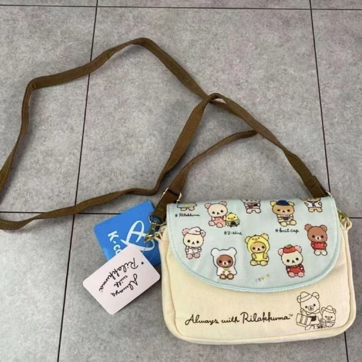リラックマ折りたたみ斜めがけバッグ痛みバッグ収纳バッグ携帯バッグ可爱い森系ストラップ小銭入れ