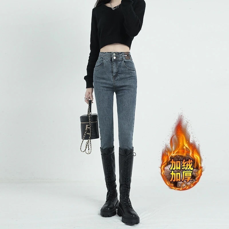 デニムパンツスキニーパンツデニムパンツスキニーパンツスキニーパンツダブルブレストタイト起毛デニムパンツジーンズレディースファッションスリムウェア