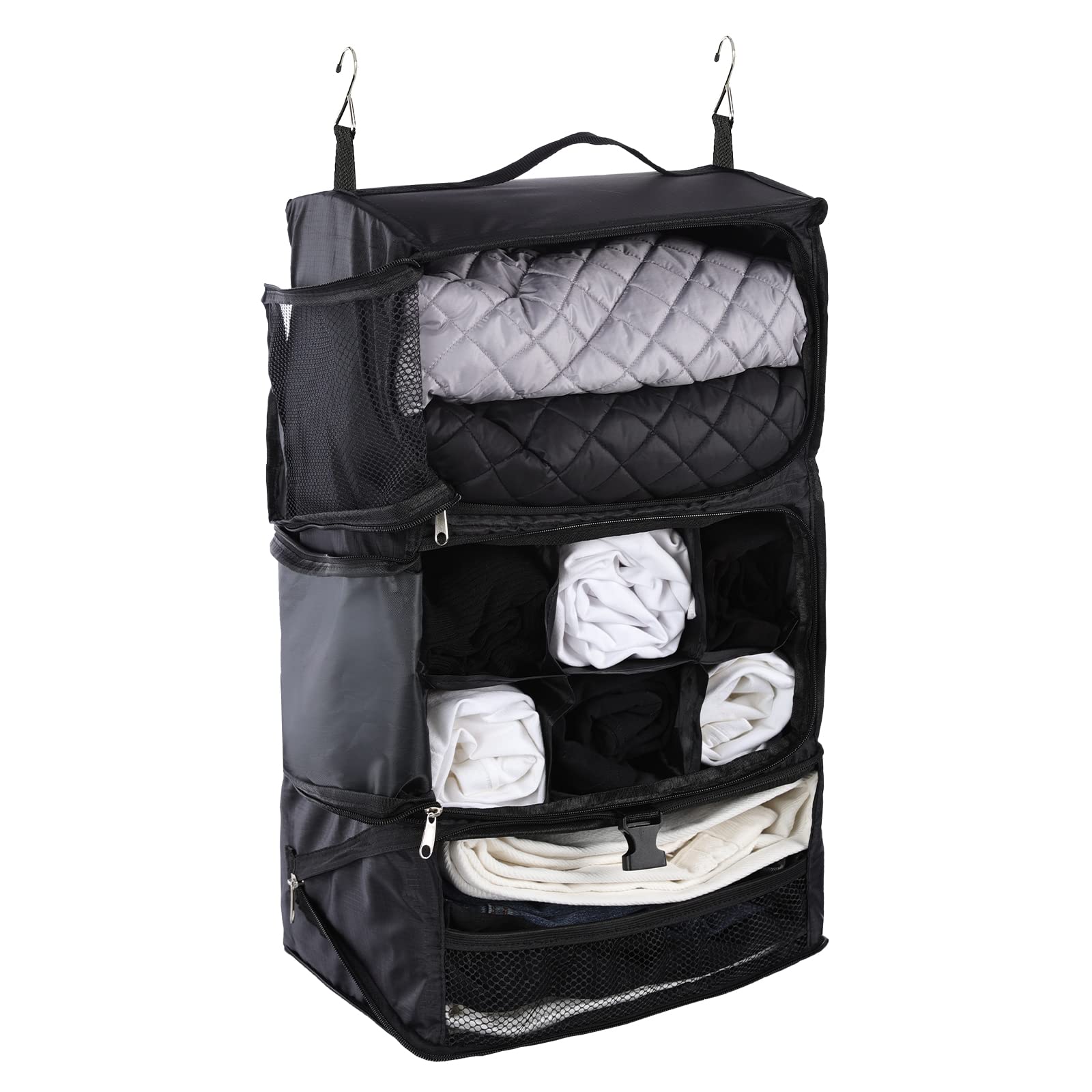 TABITORA(タビトラ) 収納ボックス 吊り下げ インナーバッグ 衣類 つりさげ 収納 ラック 旅行 出張 持ち運べるクローゼット 省スペース 大容量 3段 衣装ケース オーガナイザー (Blac