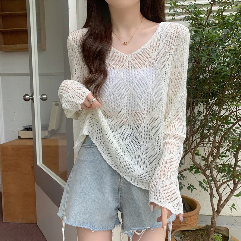 【超お得1つ買うと10個もらえる】メガ割夏でも着れる！サマーニット ニットウェア 韓国Vネック長袖太陽Tシャツ女性夏スケルトンニットシャツシャツ薄いセクションエアコンシャツ