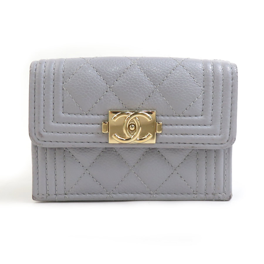 シャネル CHANEL 三つ折り財布 キャビアスキンレザー ライトグレー レディース r10967a