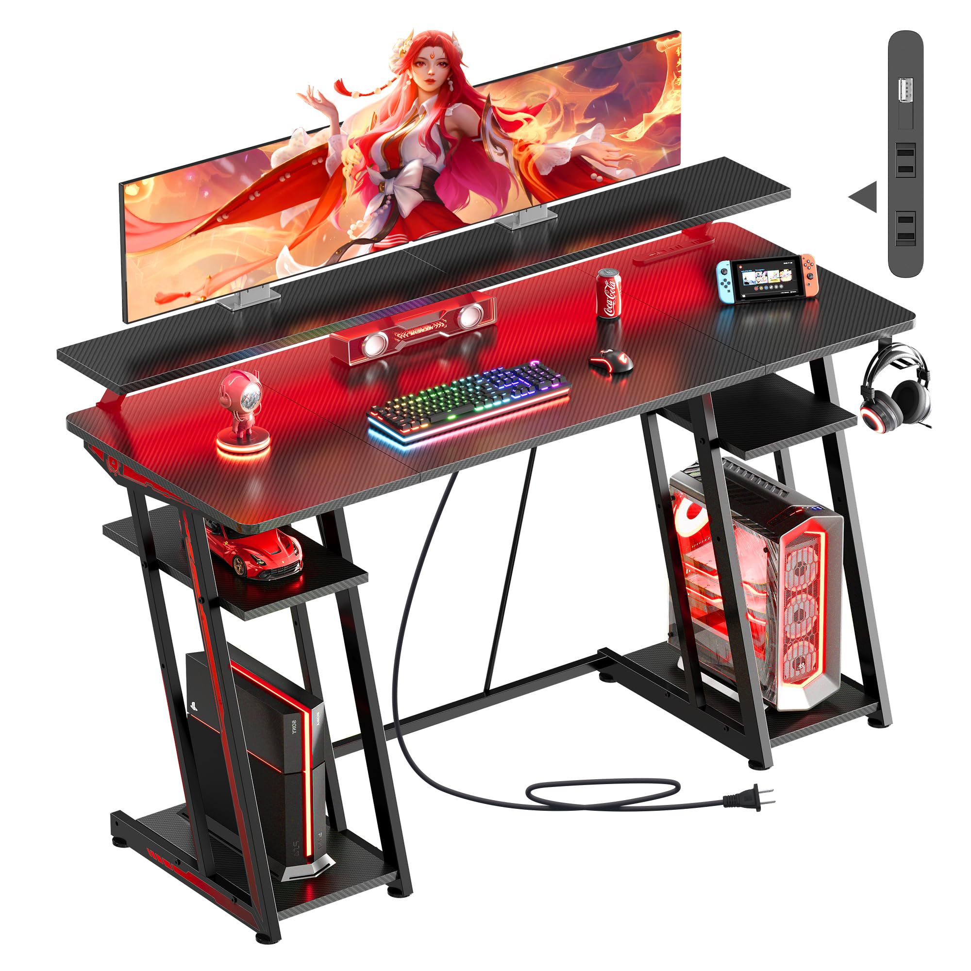 ゲーミングデスク LEDライト付き ゲーミング テーブル ゲームデスク 幅135cm ゲームテーブル左右2段の収納棚付き 机 pcデスク ゲーミングローデスク パソコンデスク 黒い 33038