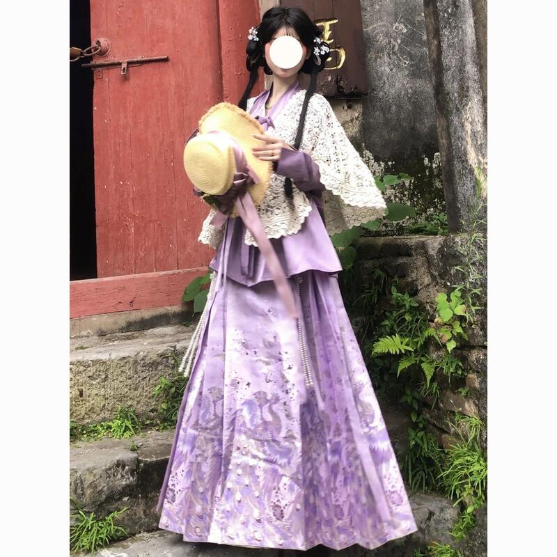 陽エクレクティック漢服秋冬デイリーパープルセットクロスカラーカーディガンマミアンスカートロリータ漢