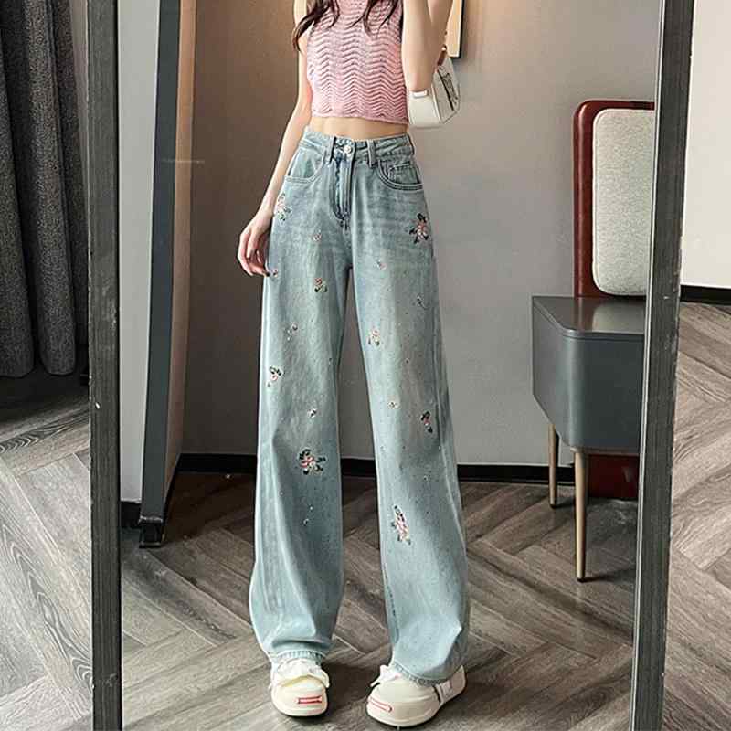 レディース ファッション カジュアル おしゃれ チャイナ風 刺繍 ドレープ ジーンズ ハイウエスト スリム 夏 薄手 涼しい ストレート ワイドレッグ パンツ
