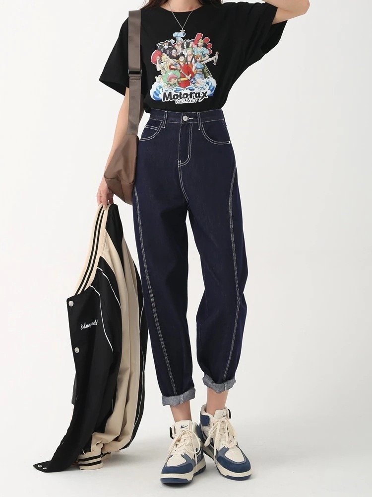 紺ハイウエストハーレムジーンズ女性春春冬春春冬春新作バナナ薄い小さlいサイズ